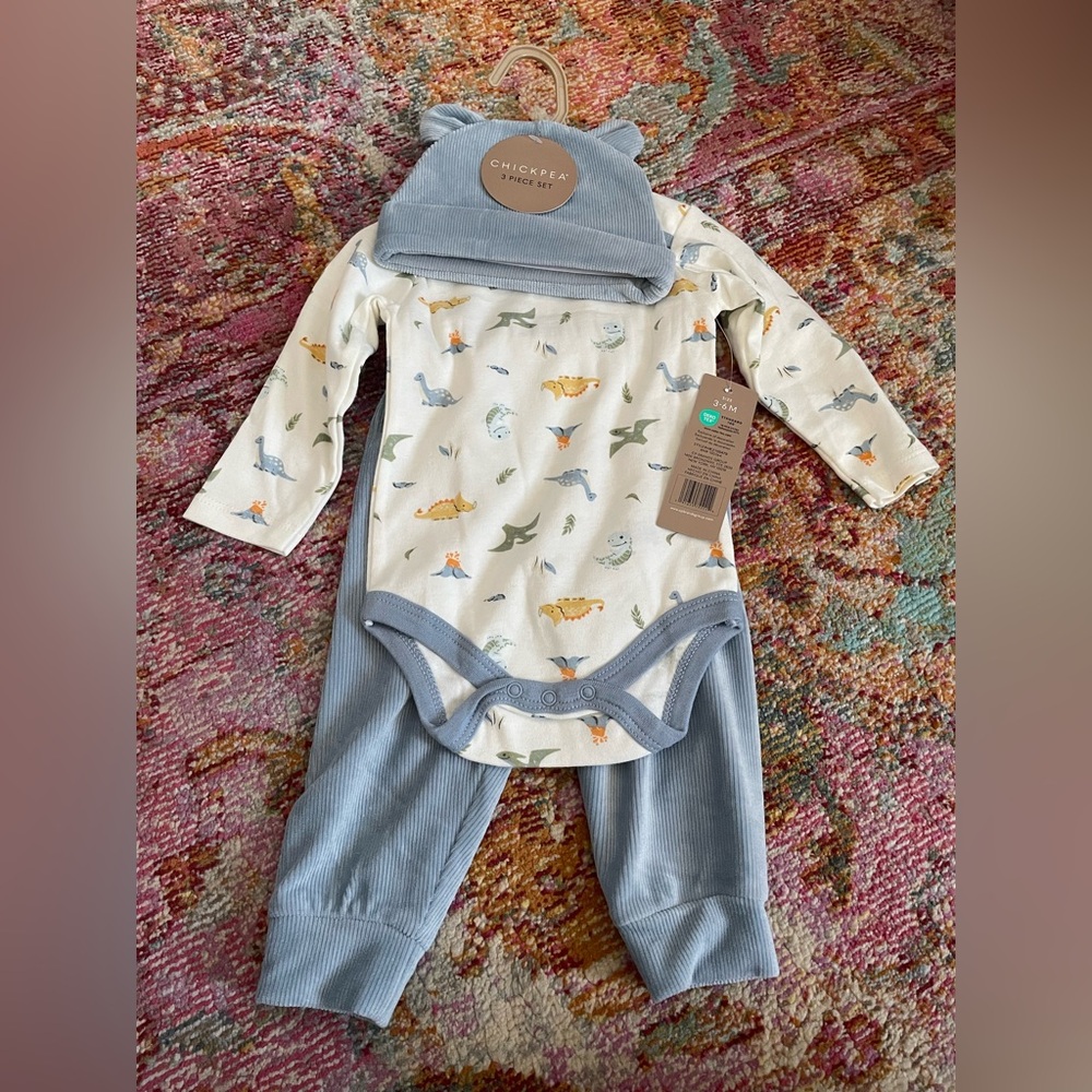 Chickpea Baby Dinosaur boy 3 piece set Outfit, onesie with hat and pants, 3-6 mo